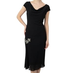 Jody California Vintage 90s Cowl Neck Black Floral Asymmetrical Midi Dress 9/10